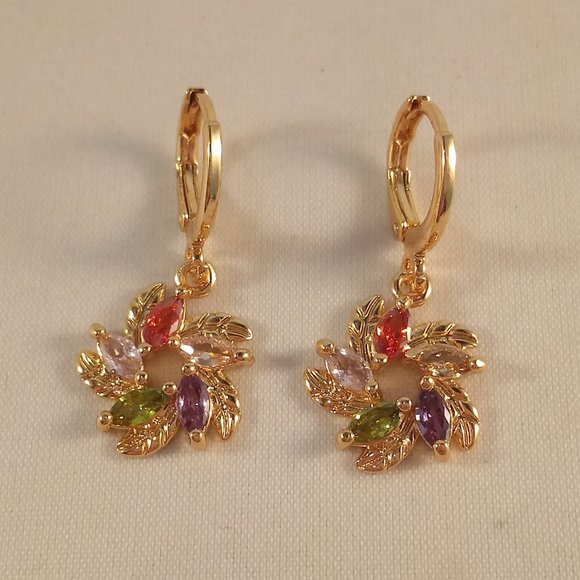 18K Yellow Gold Filled Flower Leaf Swirl Marquise Diamond Zircon Dangle Earrings - Picture 2 of 4